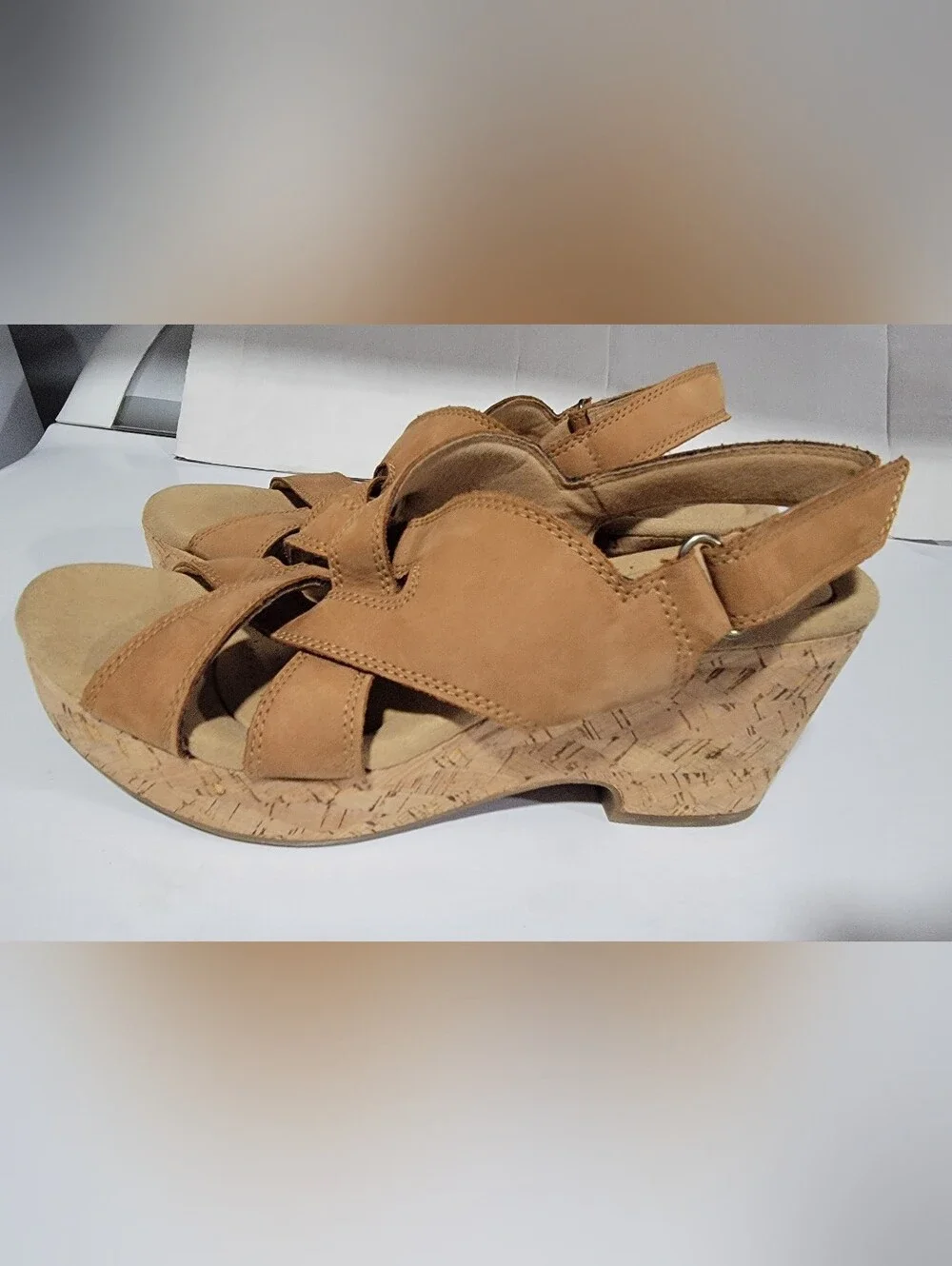 Like New-Clarks Collection Tan Leather Wedge Sandals-size 10